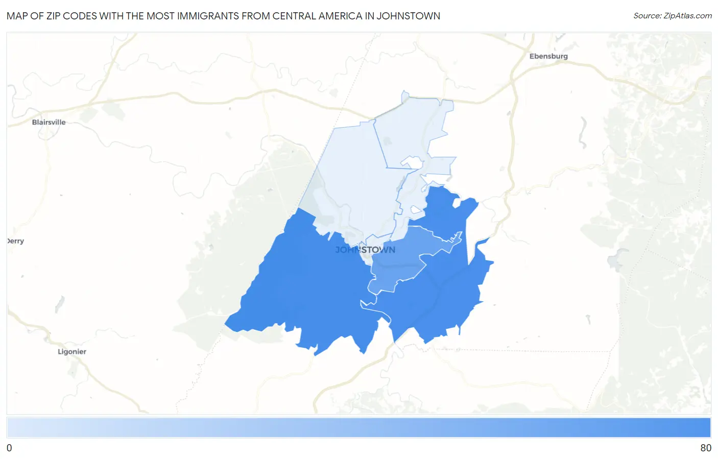 Zip Codes with the Most Immigrants from Central America in Johnstown Map