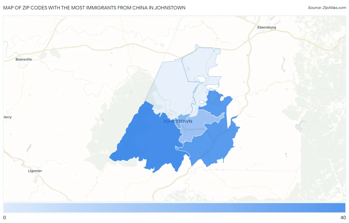 Zip Codes with the Most Immigrants from China in Johnstown Map