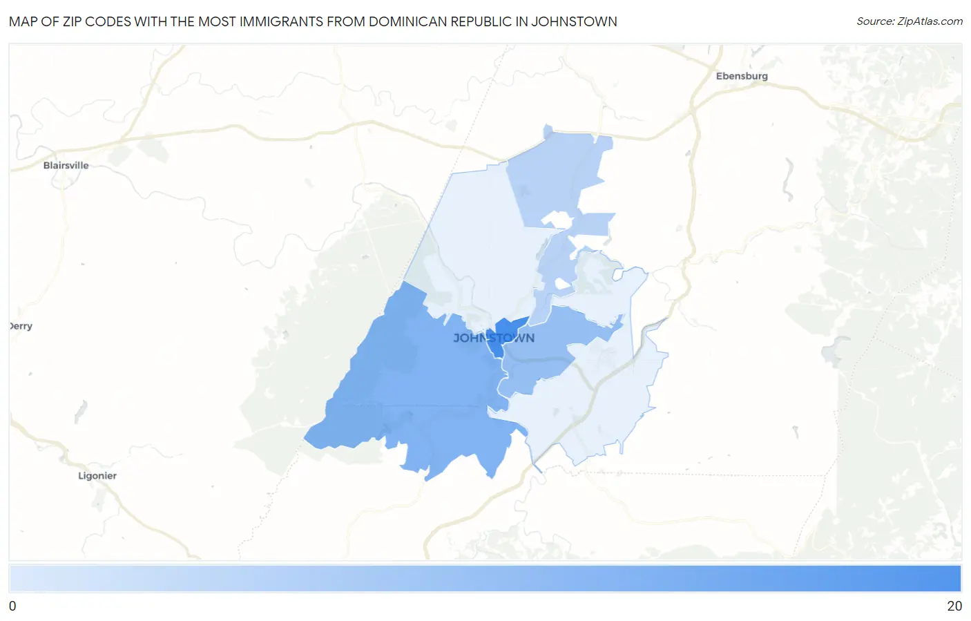 Zip Codes with the Most Immigrants from Dominican Republic in Johnstown Map