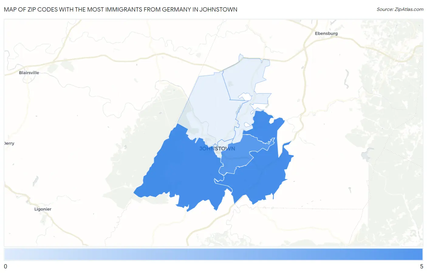 Zip Codes with the Most Immigrants from Germany in Johnstown Map