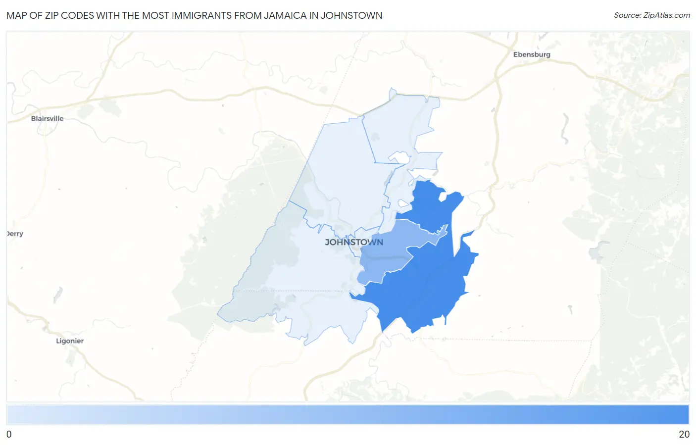 Zip Codes with the Most Immigrants from Jamaica in Johnstown Map