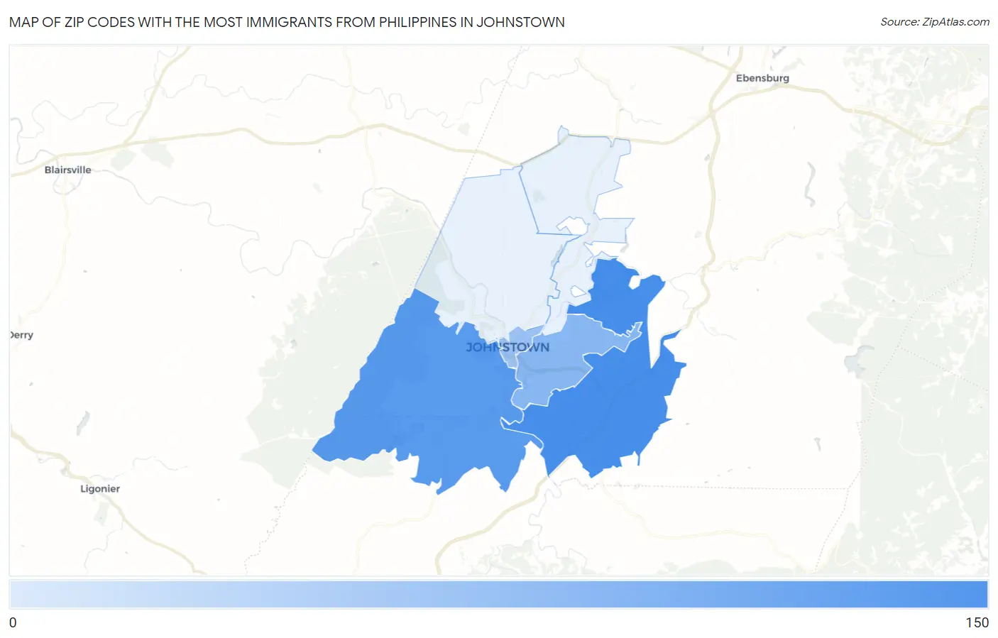 Zip Codes with the Most Immigrants from Philippines in Johnstown Map