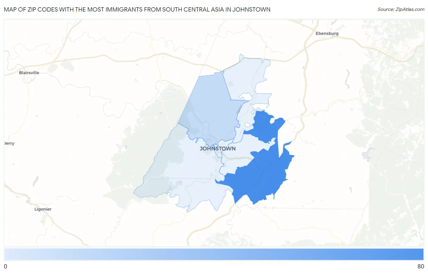Zip Codes with the Most Immigrants from South Central Asia in Johnstown Map