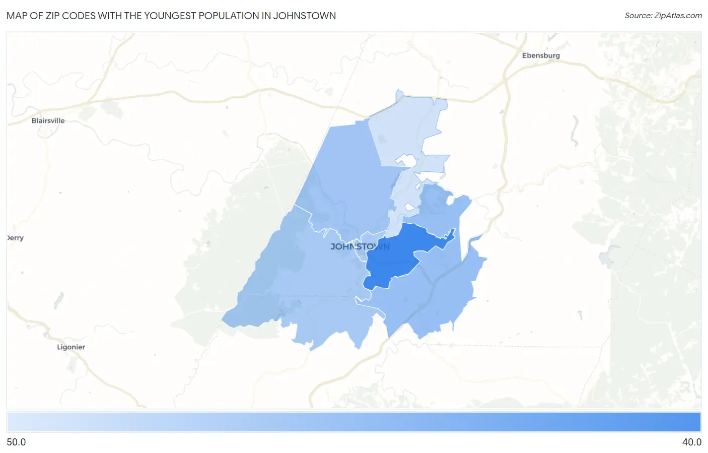 Zip Codes with the Youngest Population in Johnstown Map