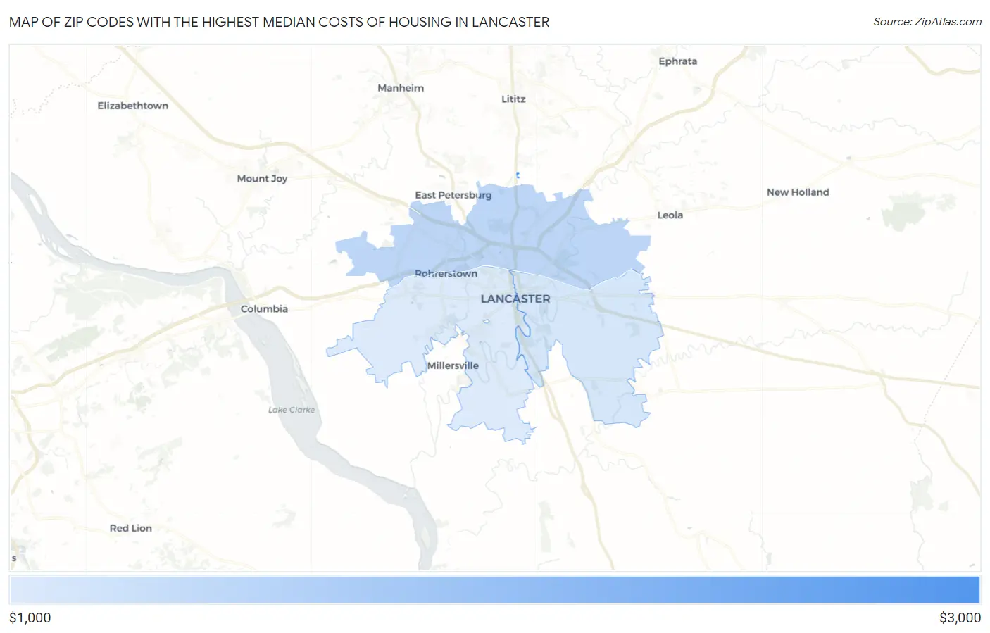 Zip Codes with the Highest Median Costs of Housing in Lancaster Map