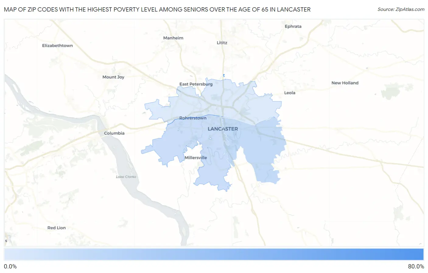 Zip Codes with the Highest Poverty Level Among Seniors Over the Age of 65 in Lancaster Map