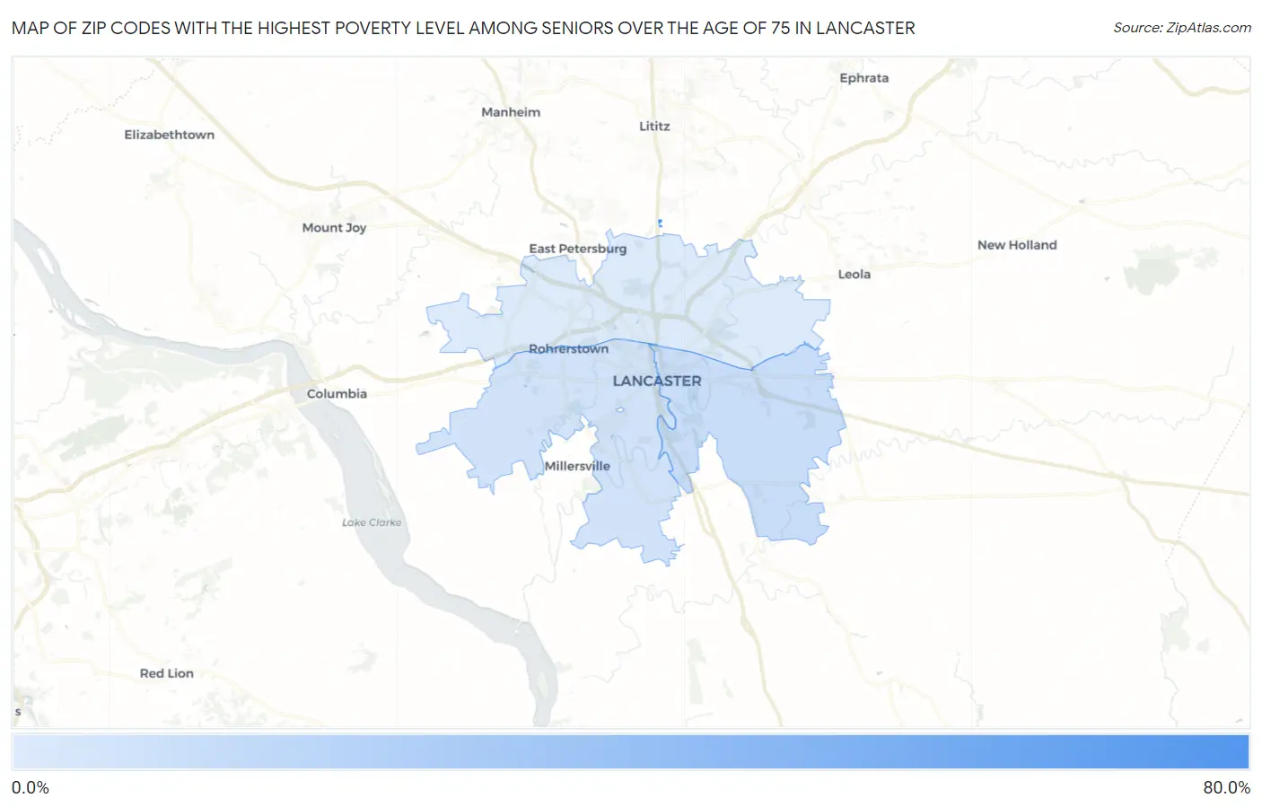 Zip Codes with the Highest Poverty Level Among Seniors Over the Age of 75 in Lancaster Map