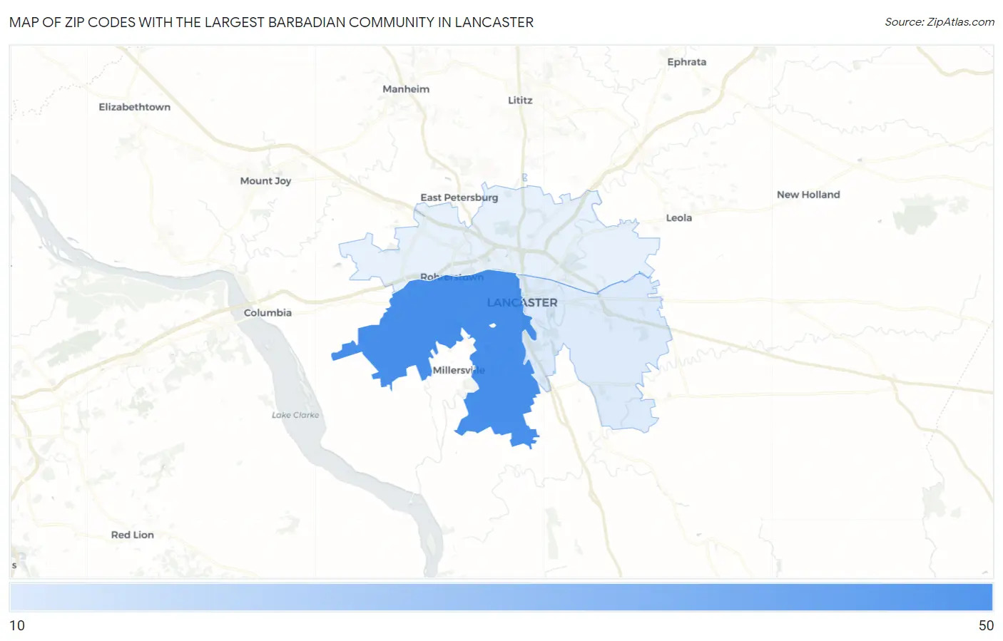 Zip Codes with the Largest Barbadian Community in Lancaster Map
