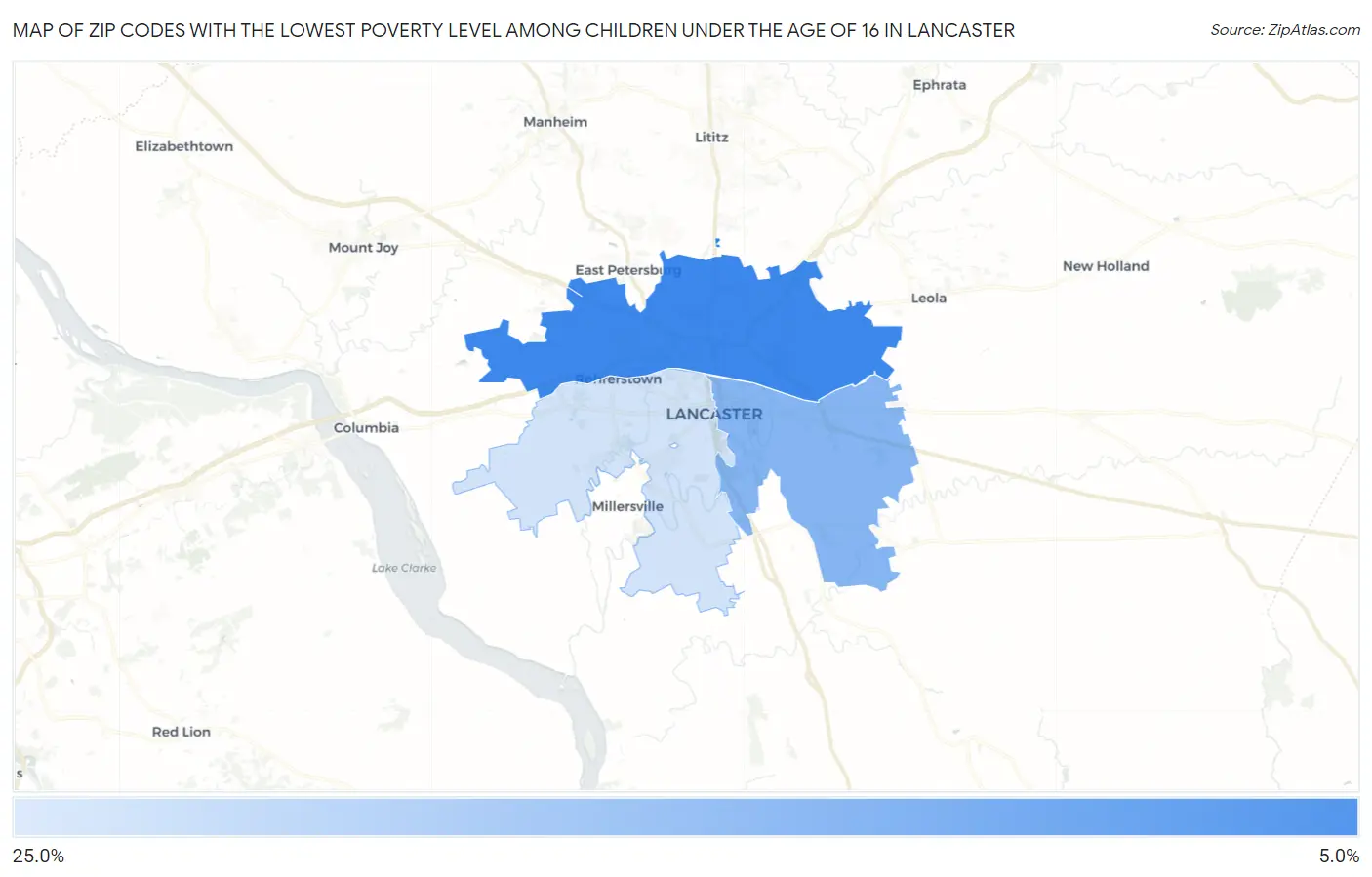 Zip Codes with the Lowest Poverty Level Among Children Under the Age of 16 in Lancaster Map