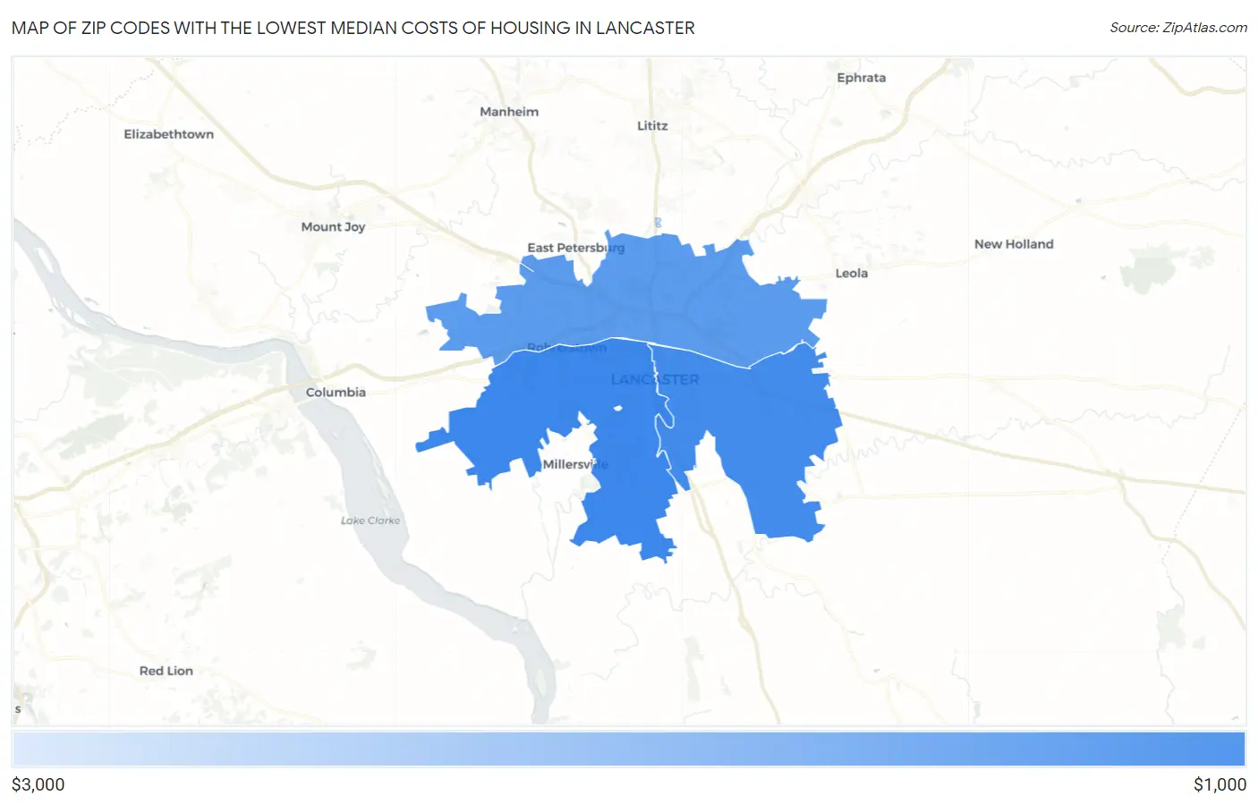 Zip Codes with the Lowest Median Costs of Housing in Lancaster Map