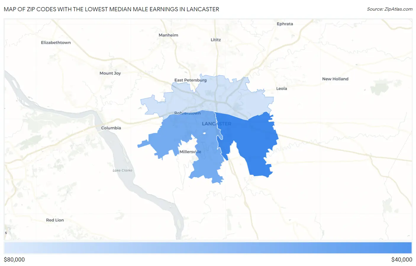 Zip Codes with the Lowest Median Male Earnings in Lancaster Map