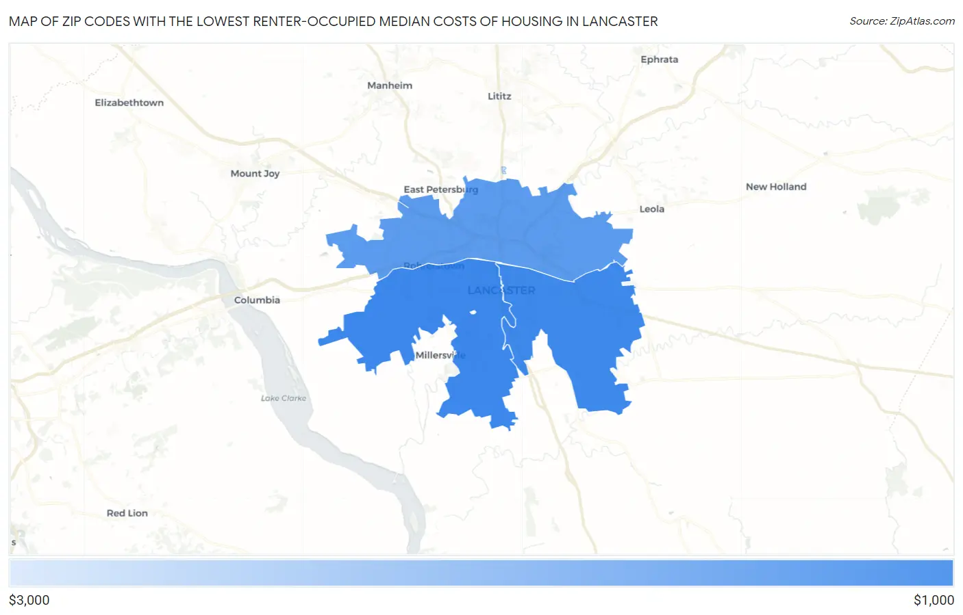 Zip Codes with the Lowest Renter-Occupied Median Costs of Housing in Lancaster Map