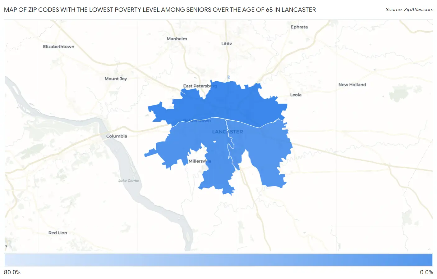 Zip Codes with the Lowest Poverty Level Among Seniors Over the Age of 65 in Lancaster Map