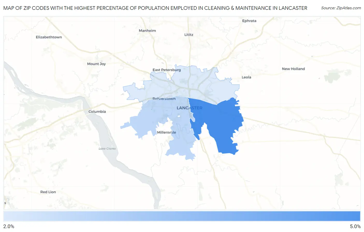 Zip Codes with the Highest Percentage of Population Employed in Cleaning & Maintenance in Lancaster Map