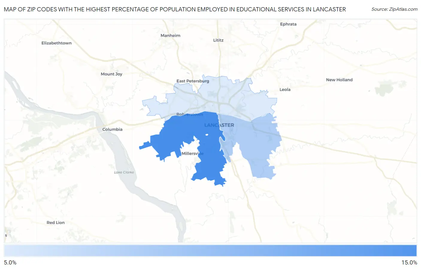 Zip Codes with the Highest Percentage of Population Employed in Educational Services in Lancaster Map