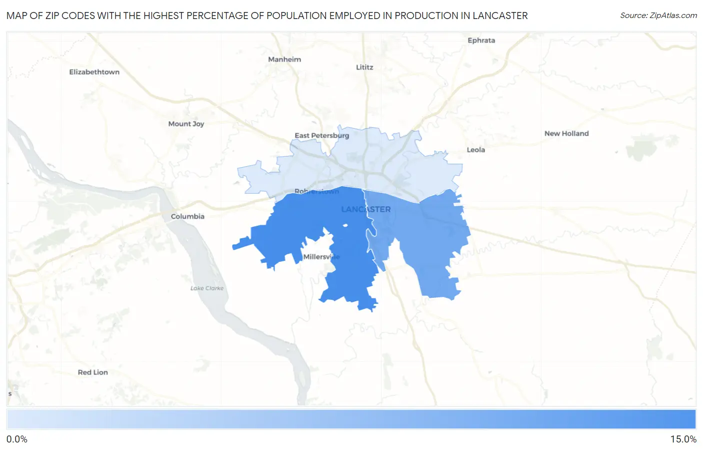 Zip Codes with the Highest Percentage of Population Employed in Production in Lancaster Map
