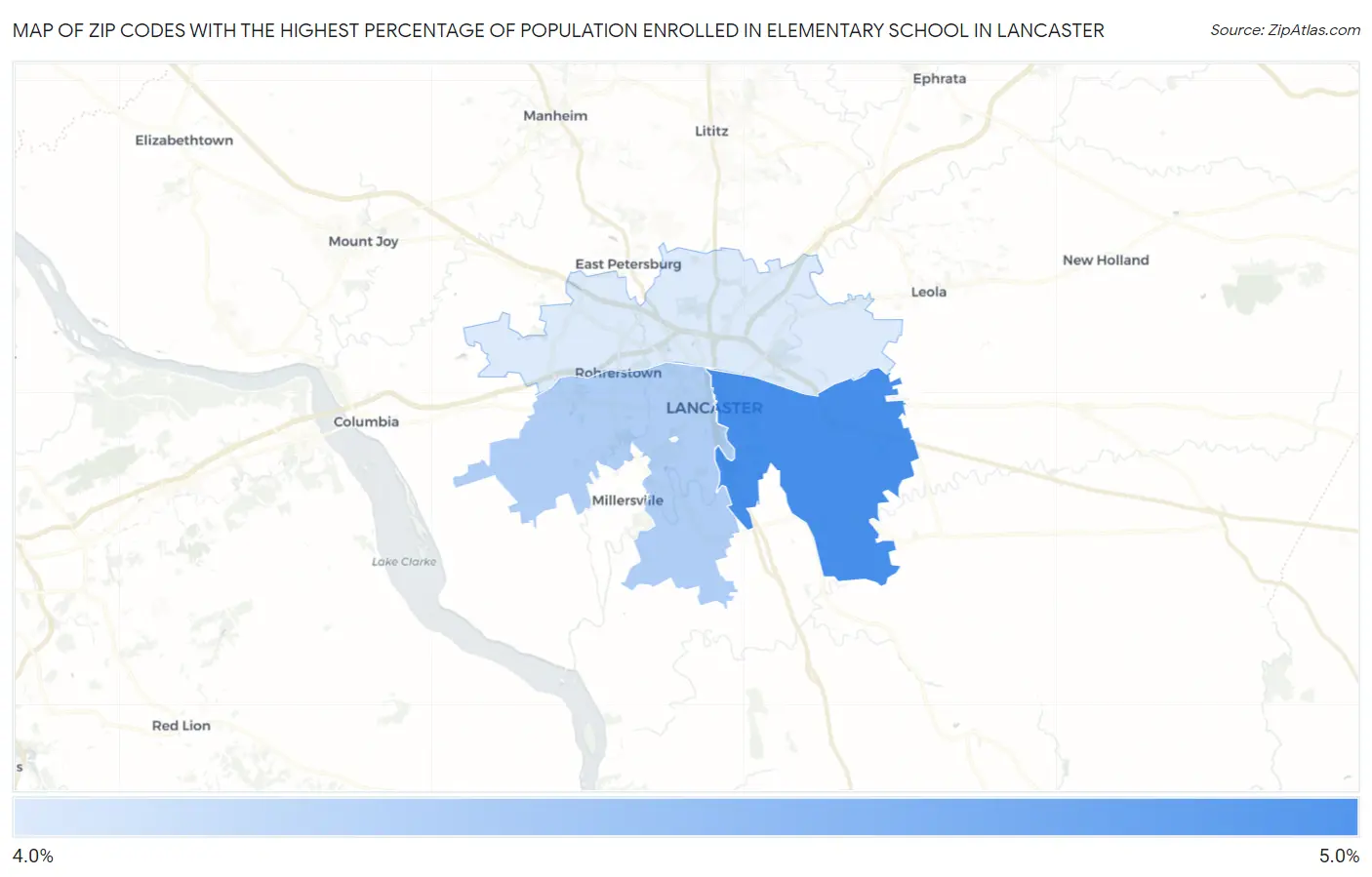 Zip Codes with the Highest Percentage of Population Enrolled in Elementary School in Lancaster Map
