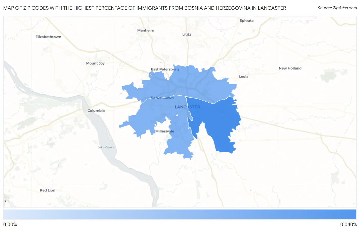 Zip Codes with the Highest Percentage of Immigrants from Bosnia and Herzegovina in Lancaster Map