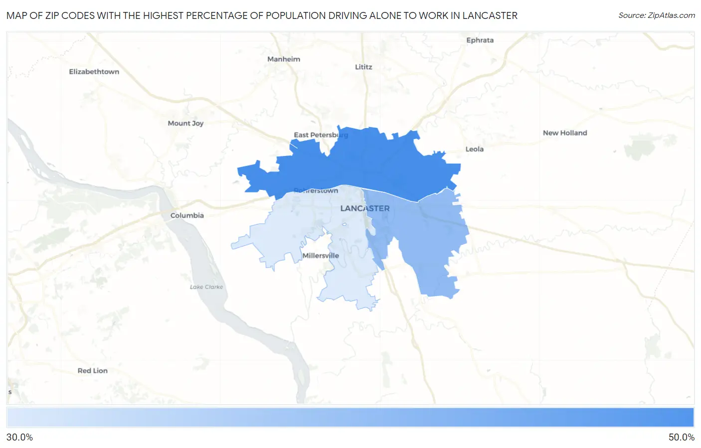 Zip Codes with the Highest Percentage of Population Driving Alone to Work in Lancaster Map