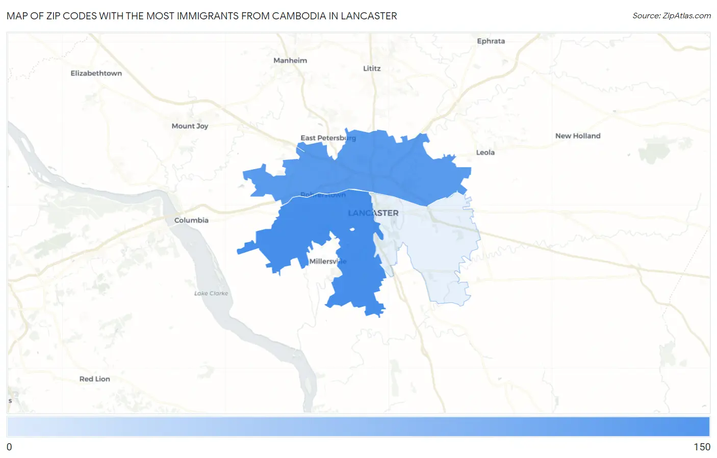 Zip Codes with the Most Immigrants from Cambodia in Lancaster Map