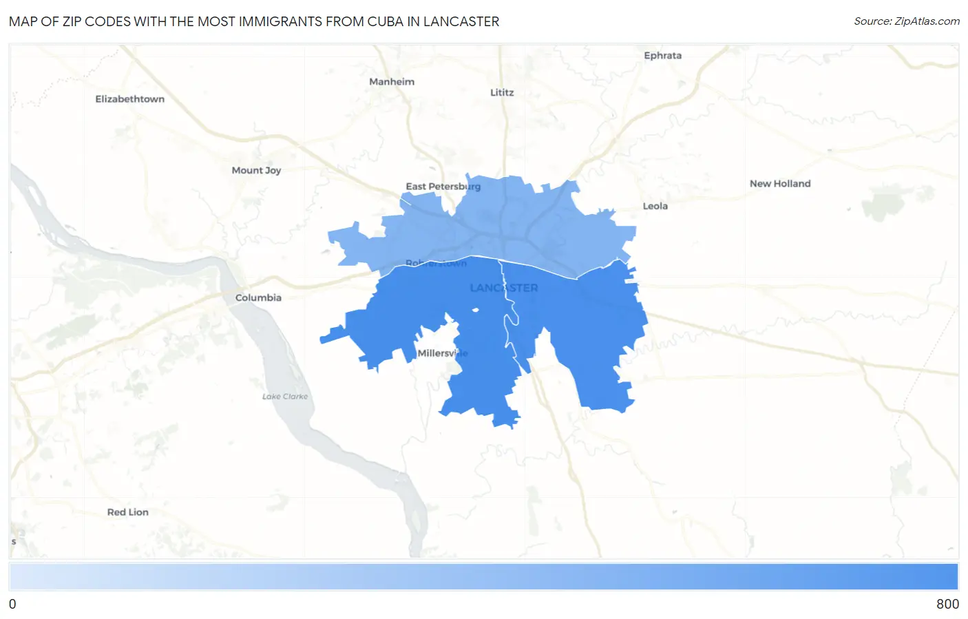 Zip Codes with the Most Immigrants from Cuba in Lancaster Map