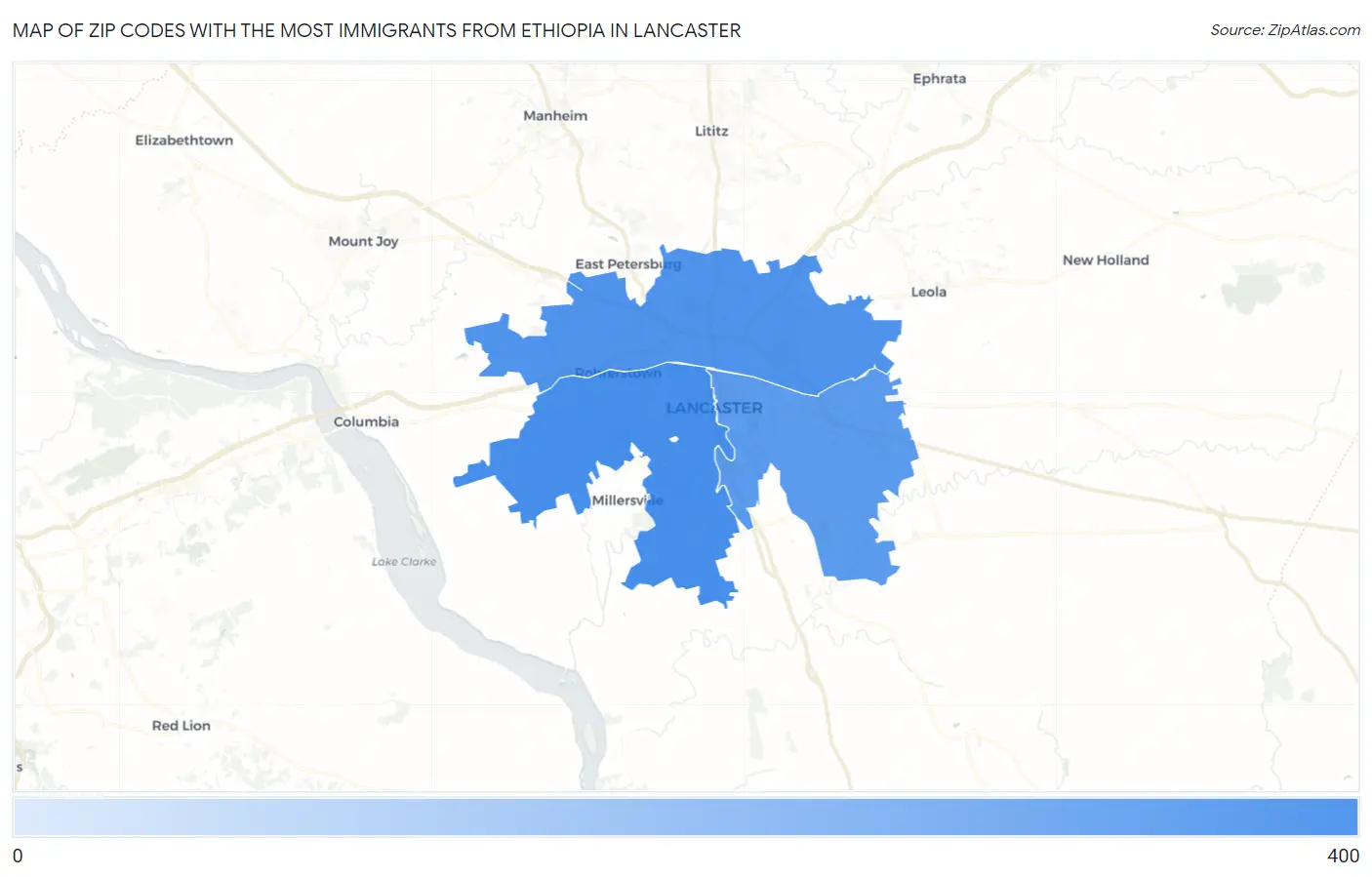 Zip Codes with the Most Immigrants from Ethiopia in Lancaster Map