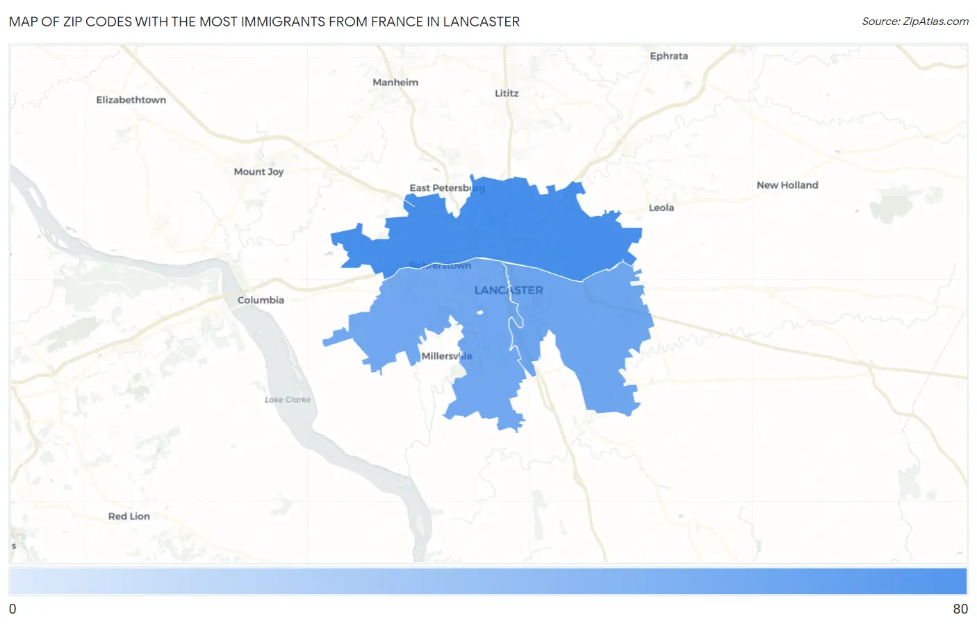 Zip Codes with the Most Immigrants from France in Lancaster Map
