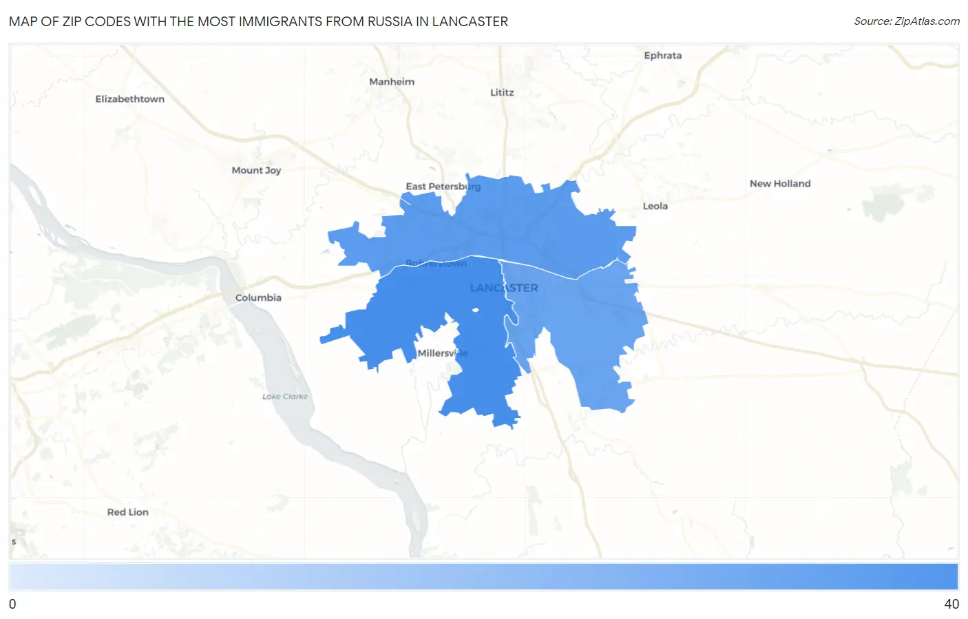 Zip Codes with the Most Immigrants from Russia in Lancaster Map
