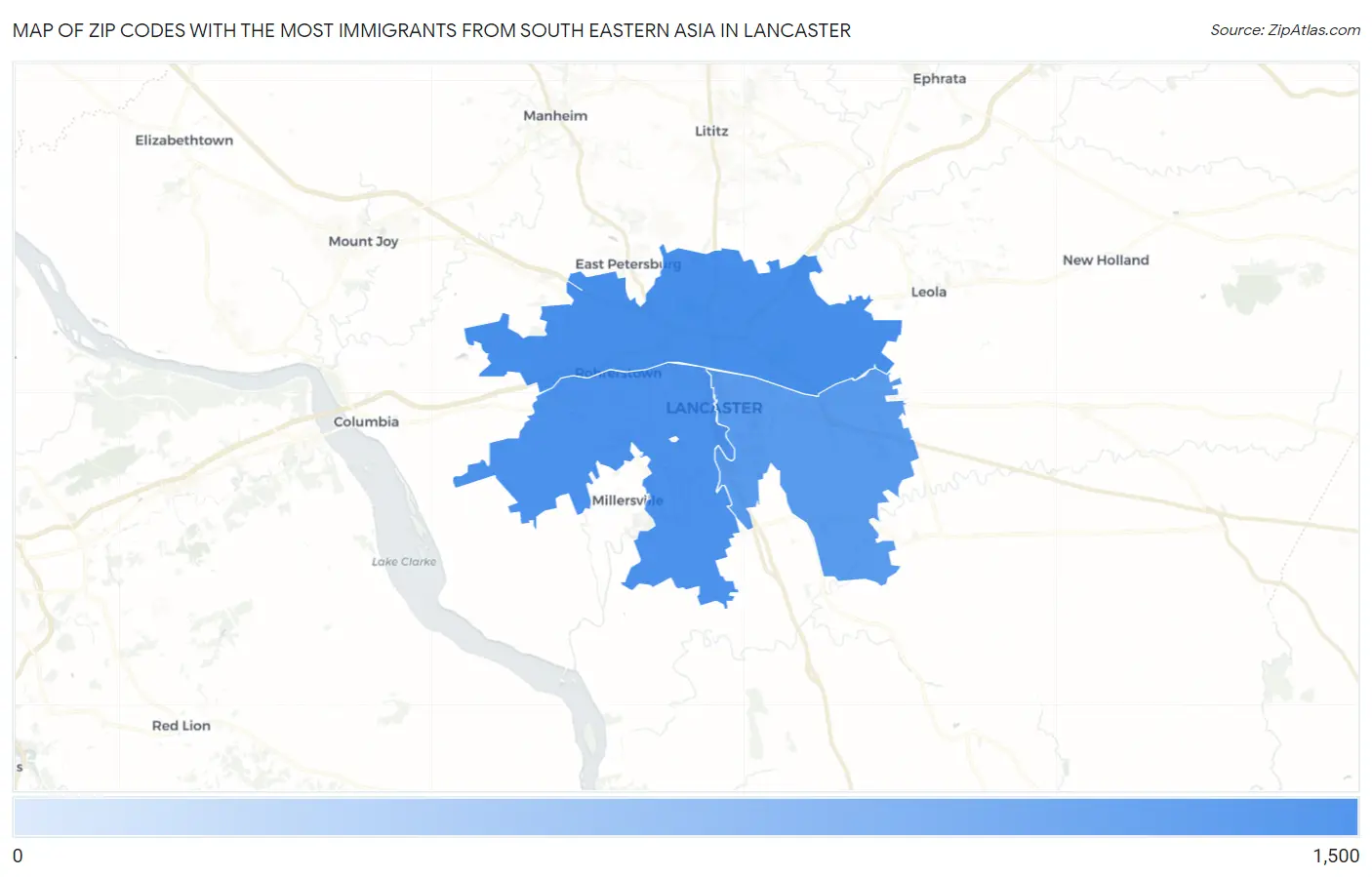 Zip Codes with the Most Immigrants from South Eastern Asia in Lancaster Map