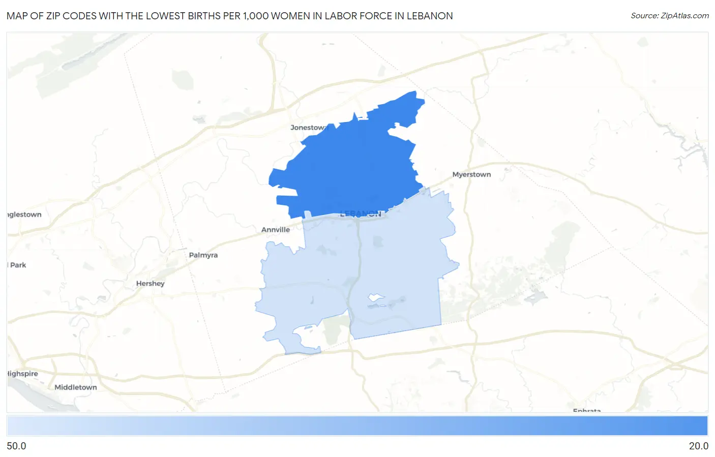 Zip Codes with the Lowest Births per 1,000 Women in Labor Force in Lebanon Map