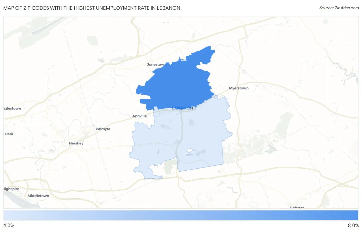 Zip Codes with the Highest Unemployment Rate in Lebanon Map