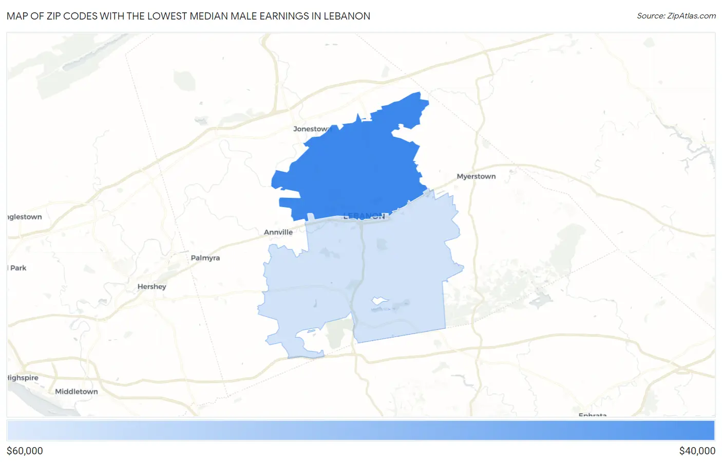 Zip Codes with the Lowest Median Male Earnings in Lebanon Map