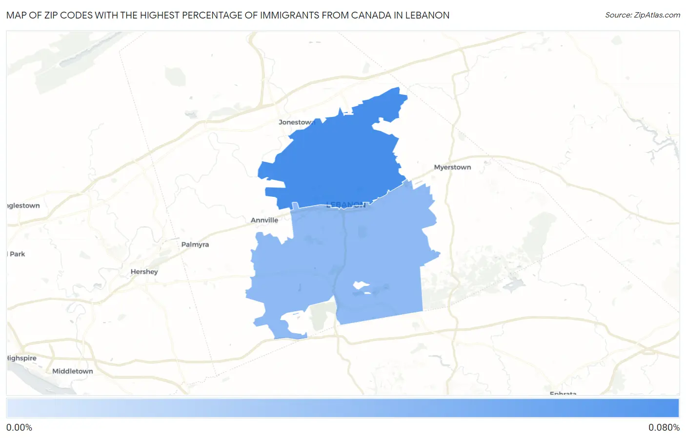 Zip Codes with the Highest Percentage of Immigrants from Canada in Lebanon Map