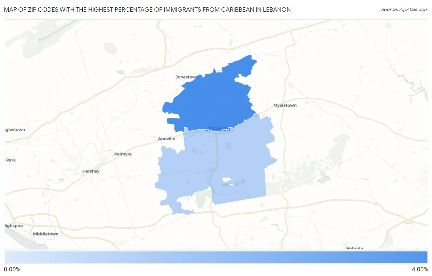 Zip Codes with the Highest Percentage of Immigrants from Caribbean in Lebanon Map