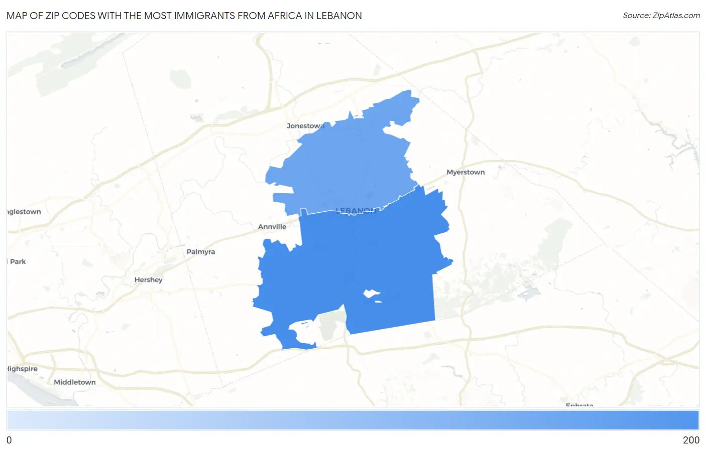 Zip Codes with the Most Immigrants from Africa in Lebanon Map