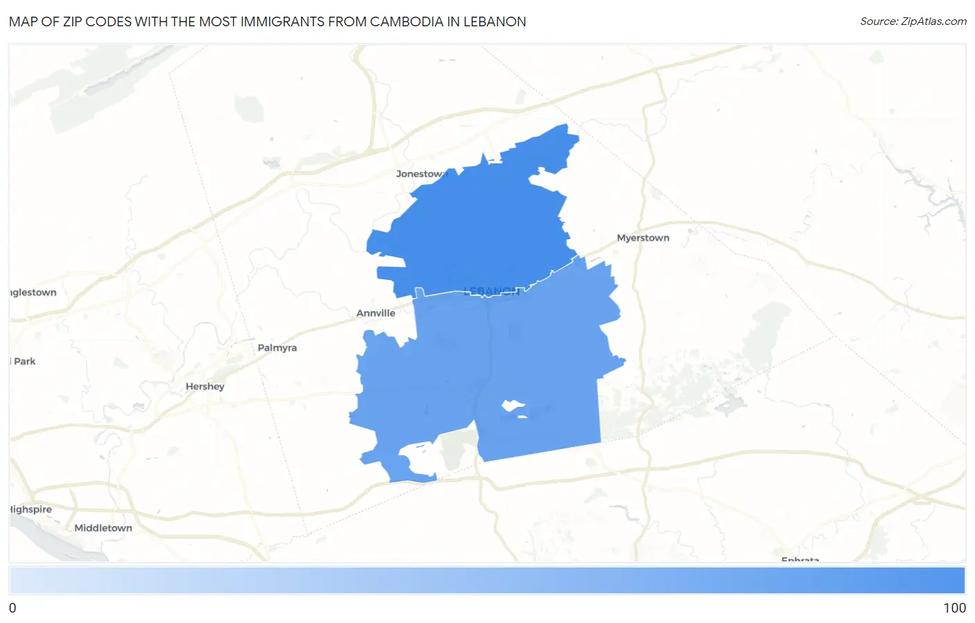 Zip Codes with the Most Immigrants from Cambodia in Lebanon Map