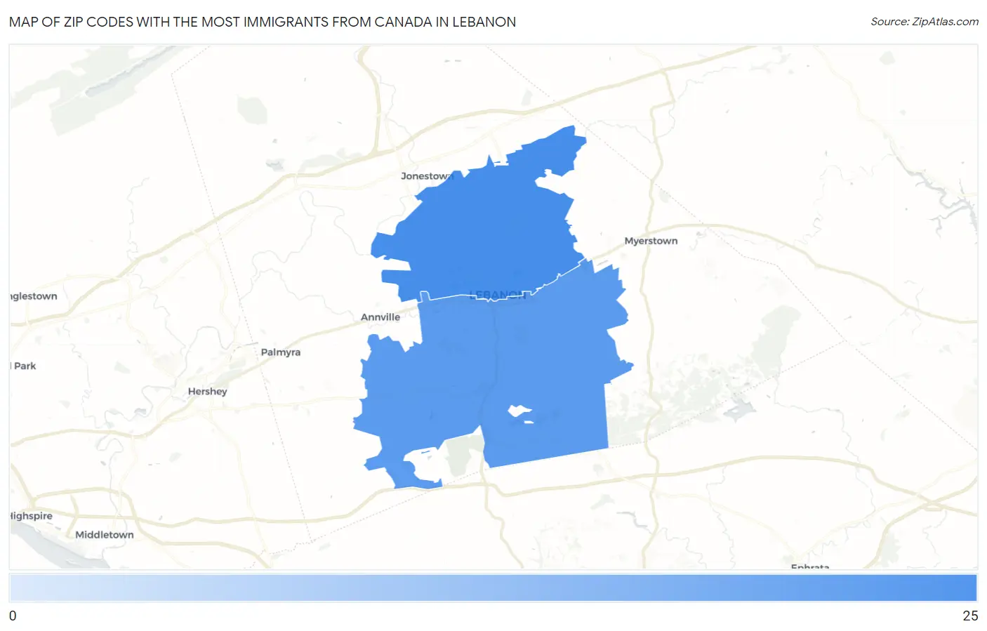 Zip Codes with the Most Immigrants from Canada in Lebanon Map