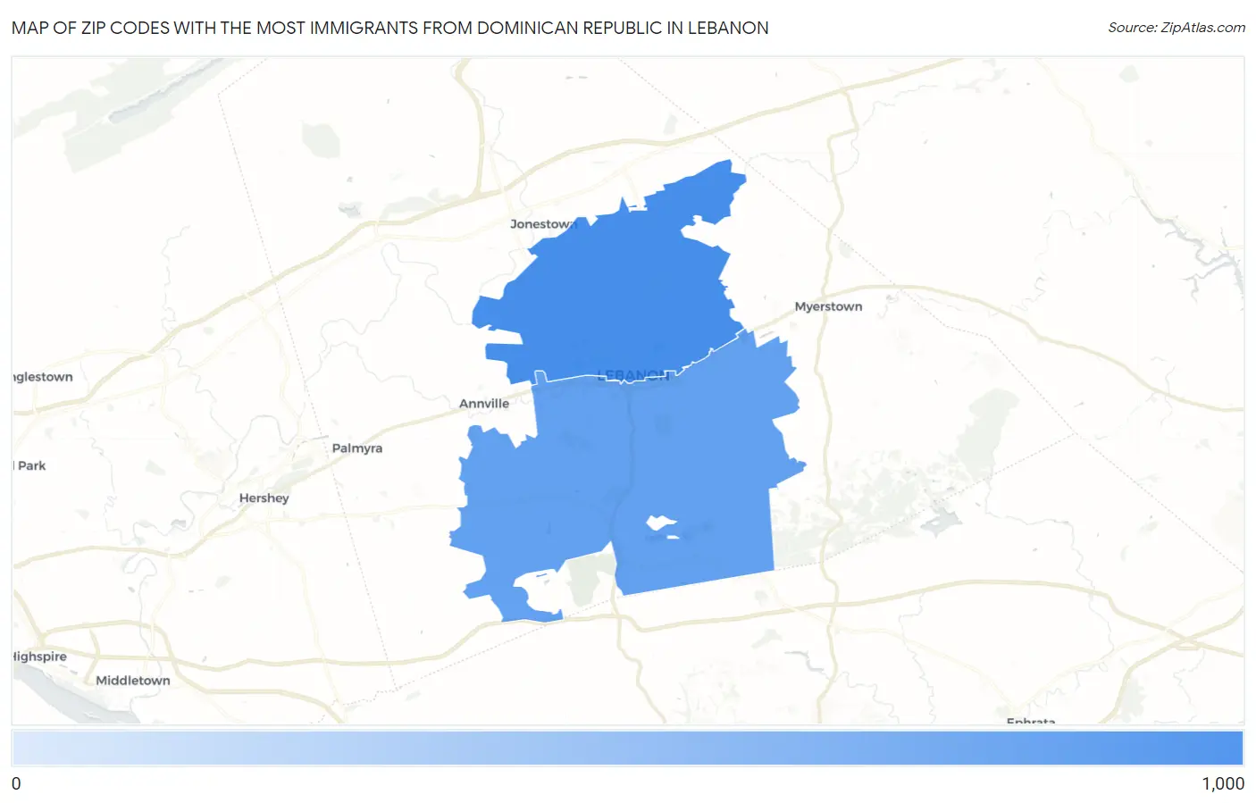 Zip Codes with the Most Immigrants from Dominican Republic in Lebanon Map