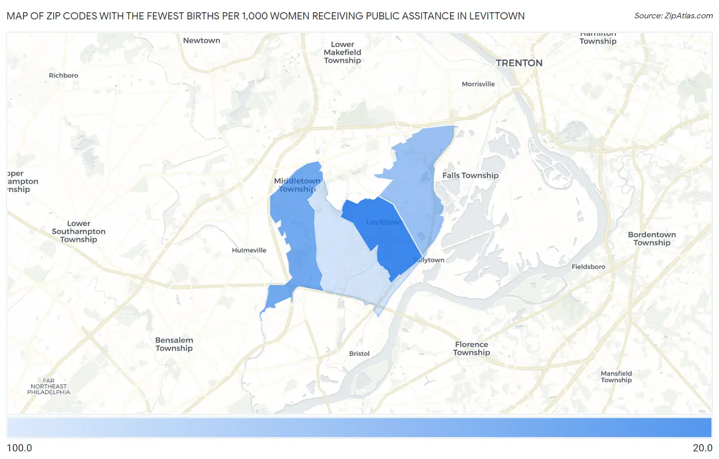Zip Codes with the Fewest Births per 1,000 Women Receiving Public Assitance in Levittown Map