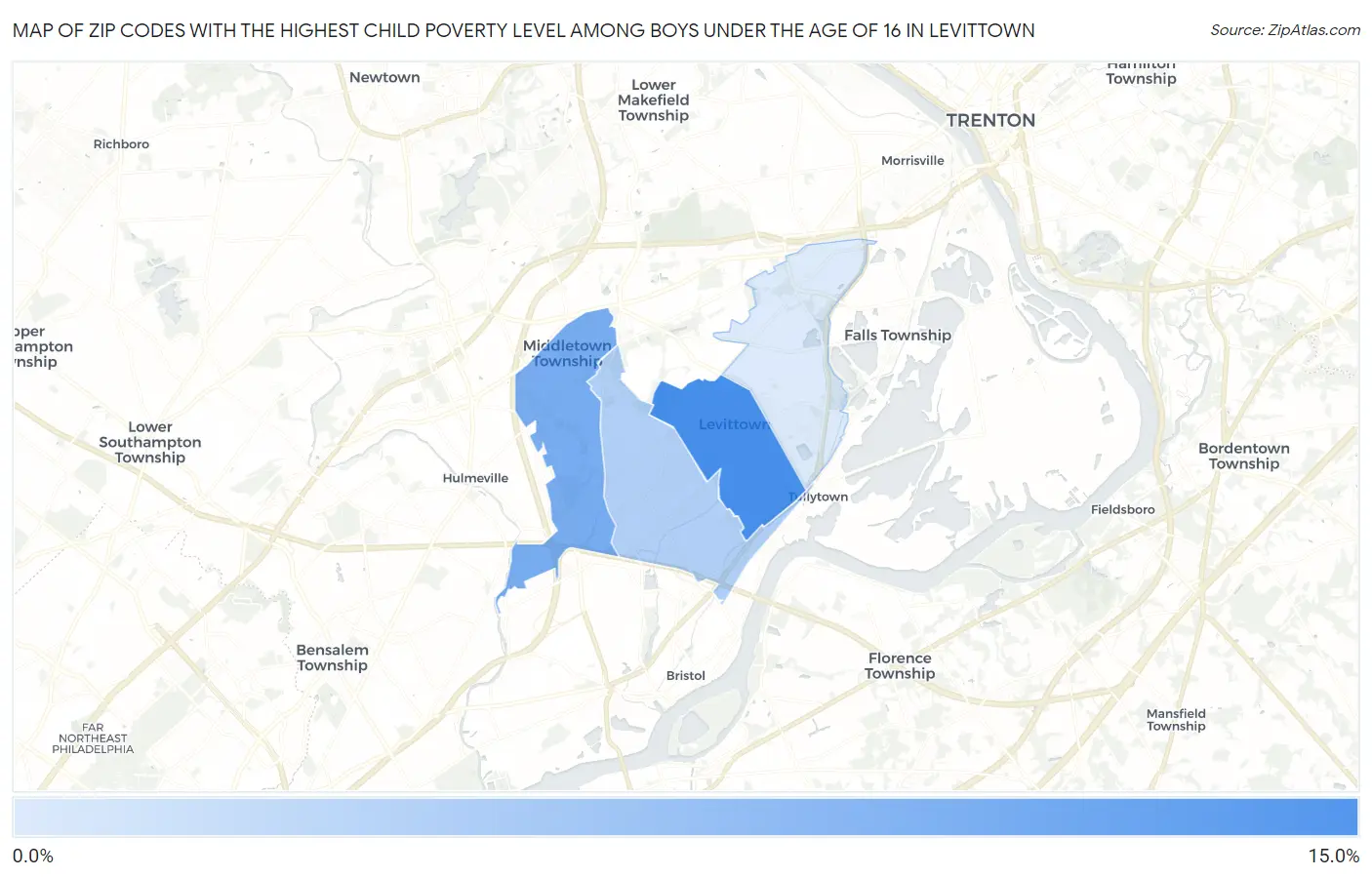 Zip Codes with the Highest Child Poverty Level Among Boys Under the Age of 16 in Levittown Map