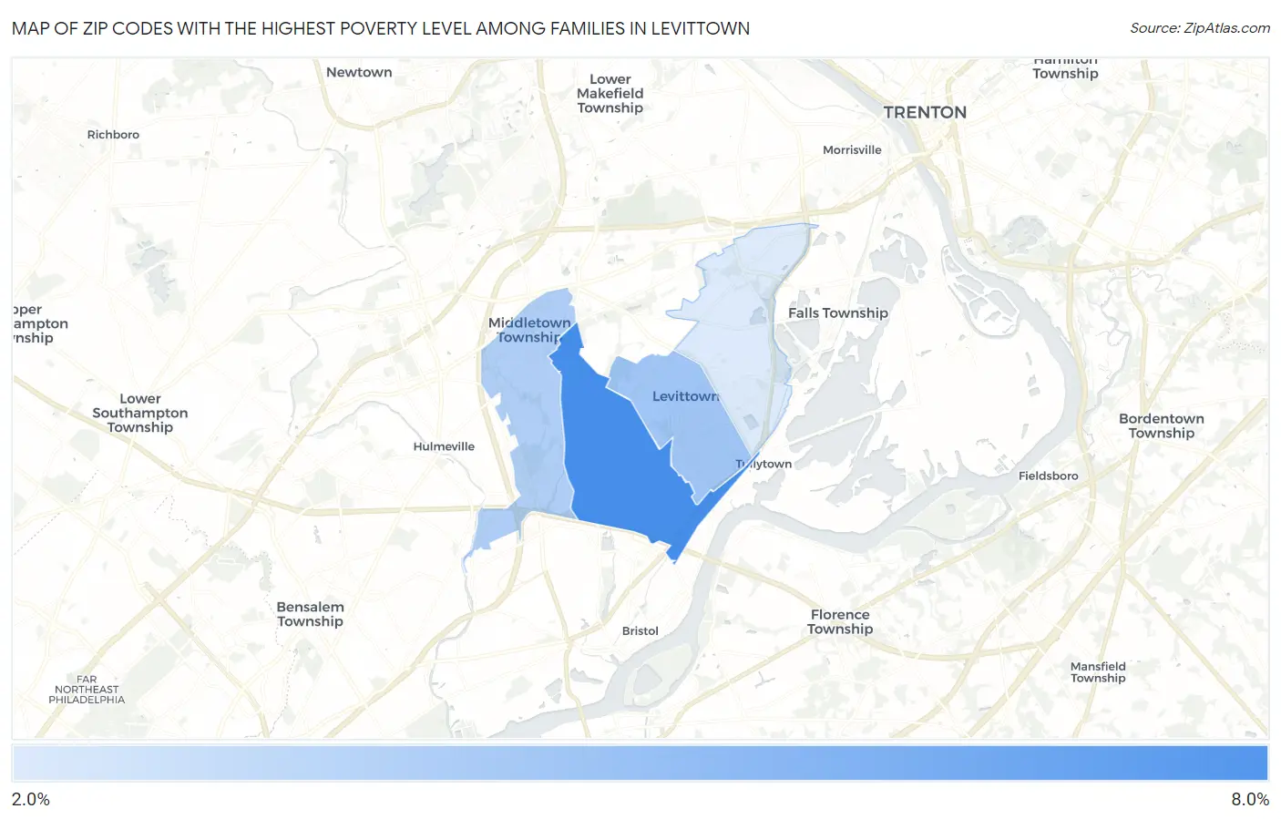 Zip Codes with the Highest Poverty Level Among Families in Levittown Map