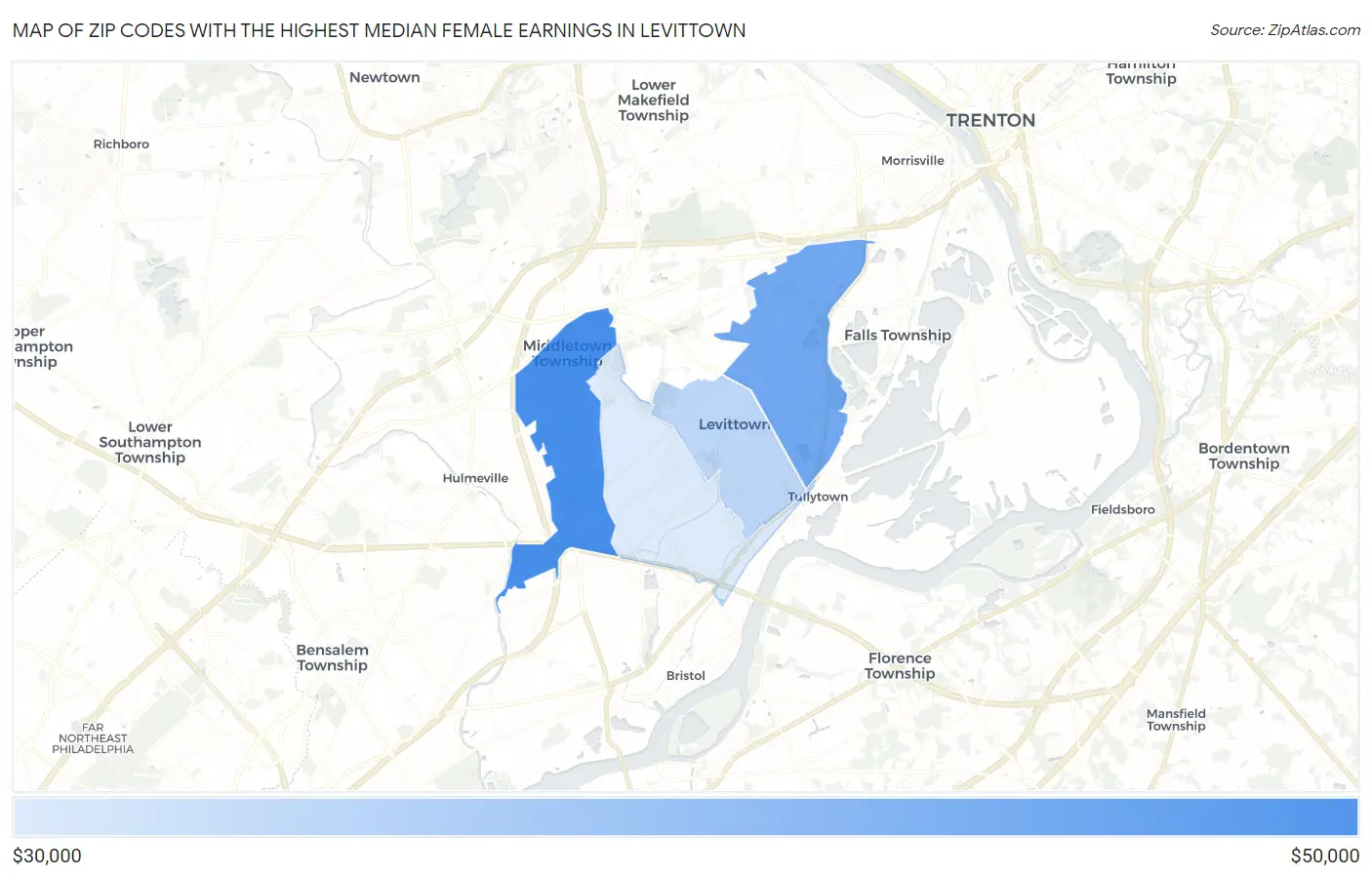 Zip Codes with the Highest Median Female Earnings in Levittown Map