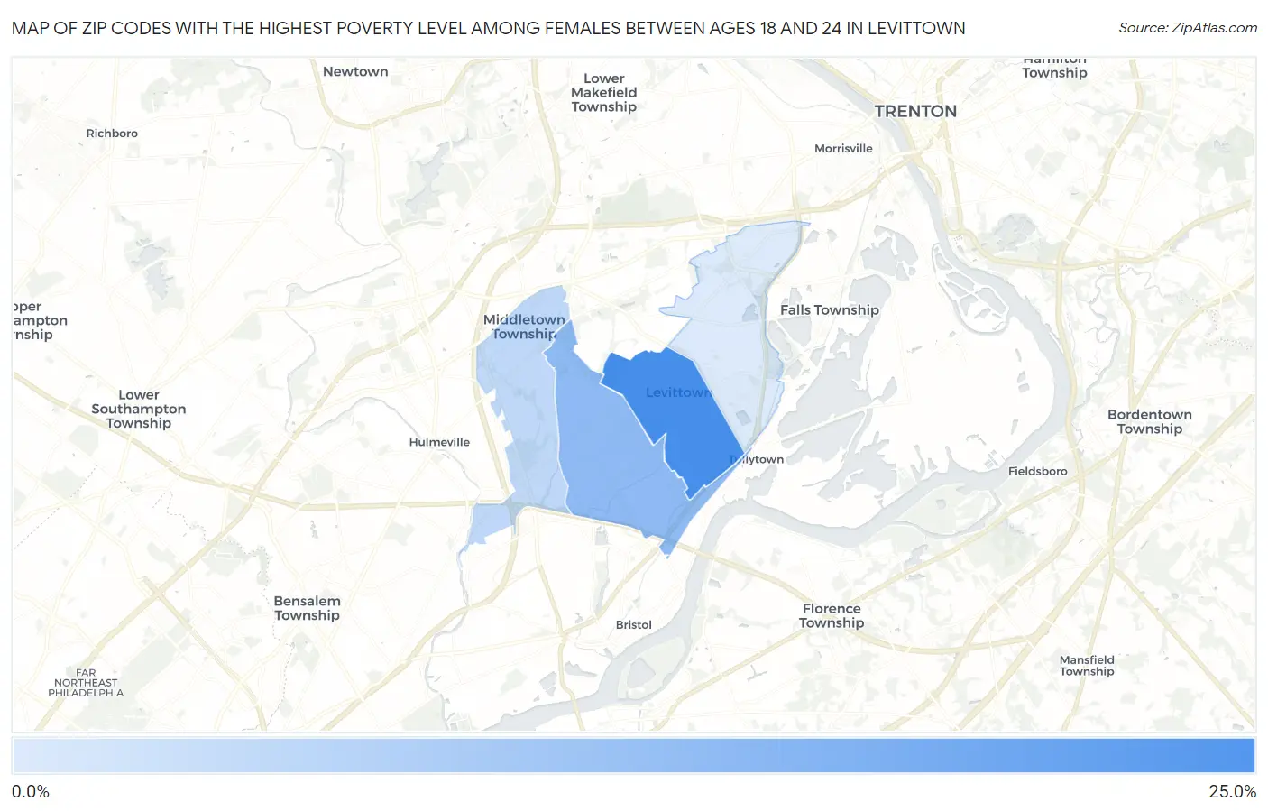 Zip Codes with the Highest Poverty Level Among Females Between Ages 18 and 24 in Levittown Map