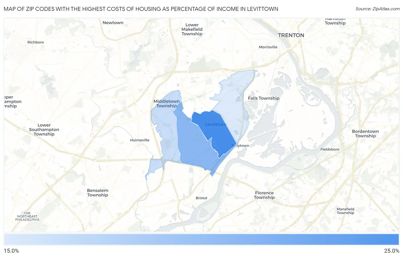 Zip Codes with the Highest Costs of Housing as Percentage of Income in Levittown Map