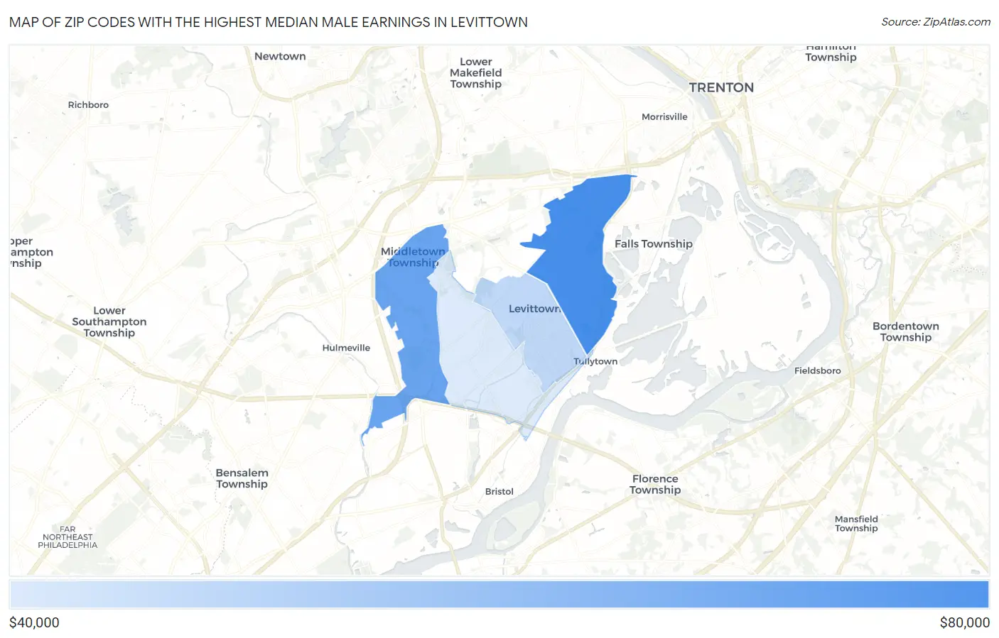 Zip Codes with the Highest Median Male Earnings in Levittown Map