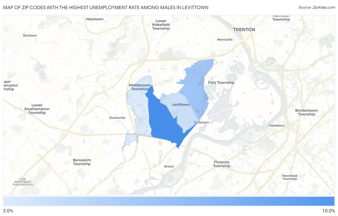 Zip Codes with the Highest Unemployment Rate Among Males in Levittown Map