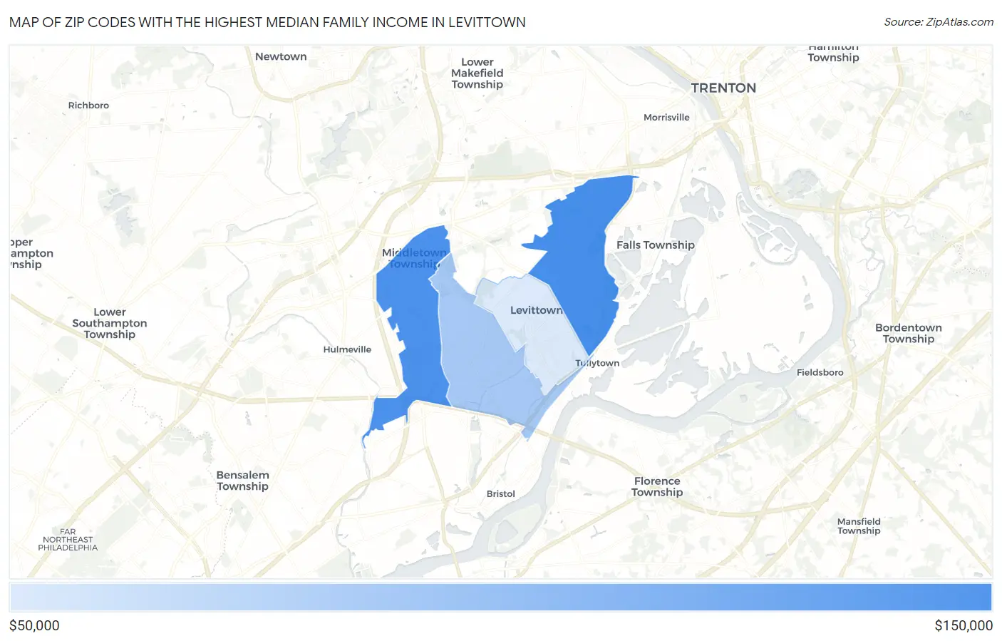 Zip Codes with the Highest Median Family Income in Levittown Map