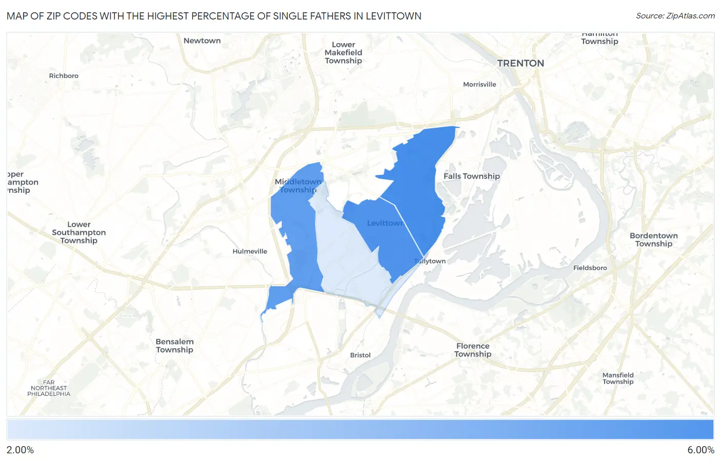 Zip Codes with the Highest Percentage of Single Fathers in Levittown Map