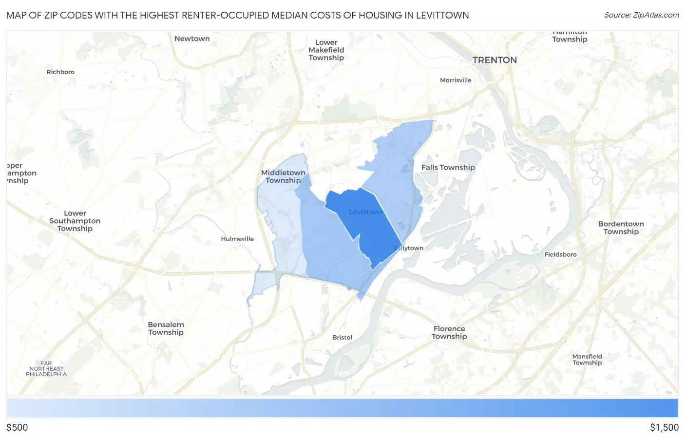 Zip Codes with the Highest Renter-Occupied Median Costs of Housing in Levittown Map