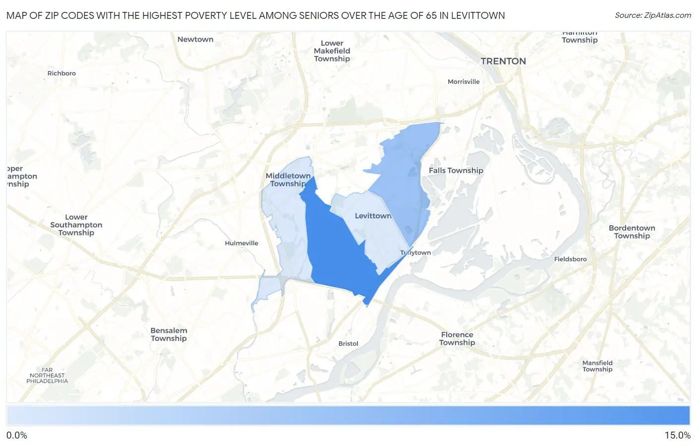 Zip Codes with the Highest Poverty Level Among Seniors Over the Age of 65 in Levittown Map